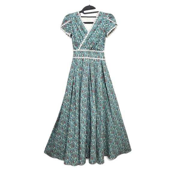 Xiaolizi Floral Linen Maxi Dress Duck Egg Blue Cap Sleeve - Picture 4 of 12